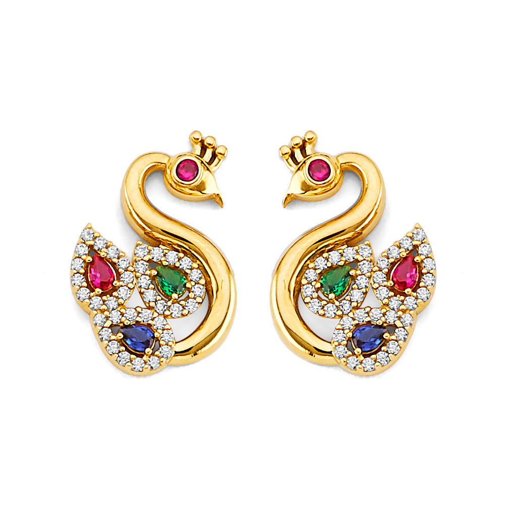 14K Two Tone Gold Swan W/ Colored CZ Earring