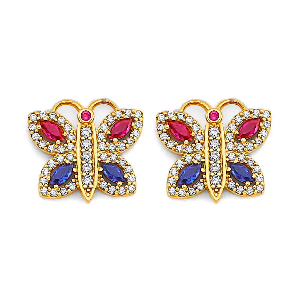 14K Two Tone Gold Butterfly W/ Colored CZ Earring