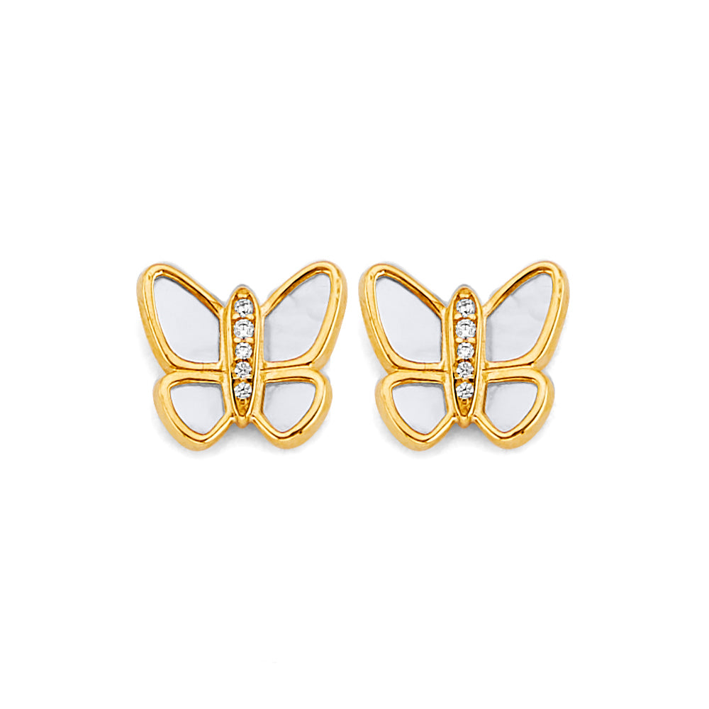 14K Yellow Gold Mop CZ Butterfly Earring