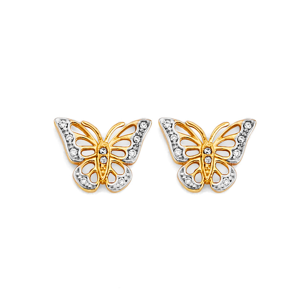 14K Two Tone Gold CZ Butterfly Push Back Earring