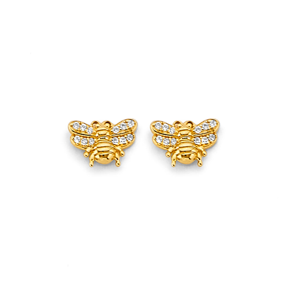 14K Yellow Gold CZ Bee Push Back Earring