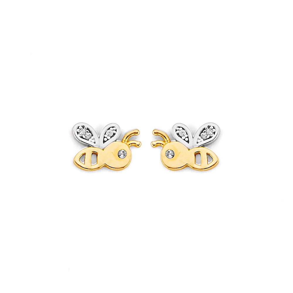 14K Two Tone Gold CZ Bee Push Back Earring