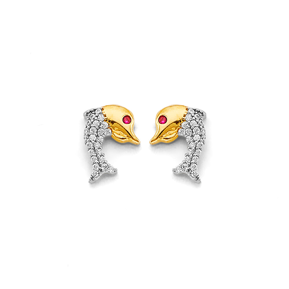 14K Two Tone Gold CZ Dolphin Push Back Earring