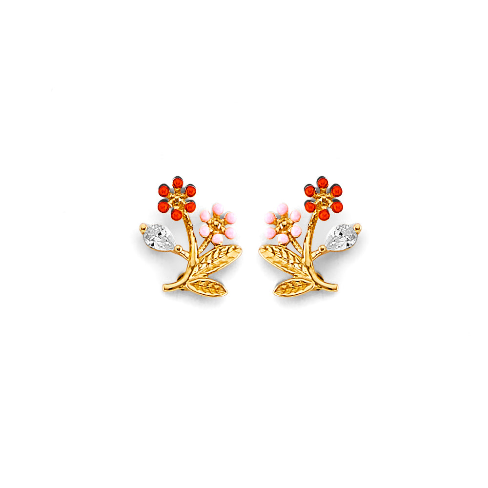14K Yellow White Rose Gold CZ Flower Push Back Earring