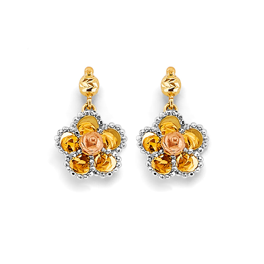 14K Two Tone Gold Hanging Flower Push Back Earring