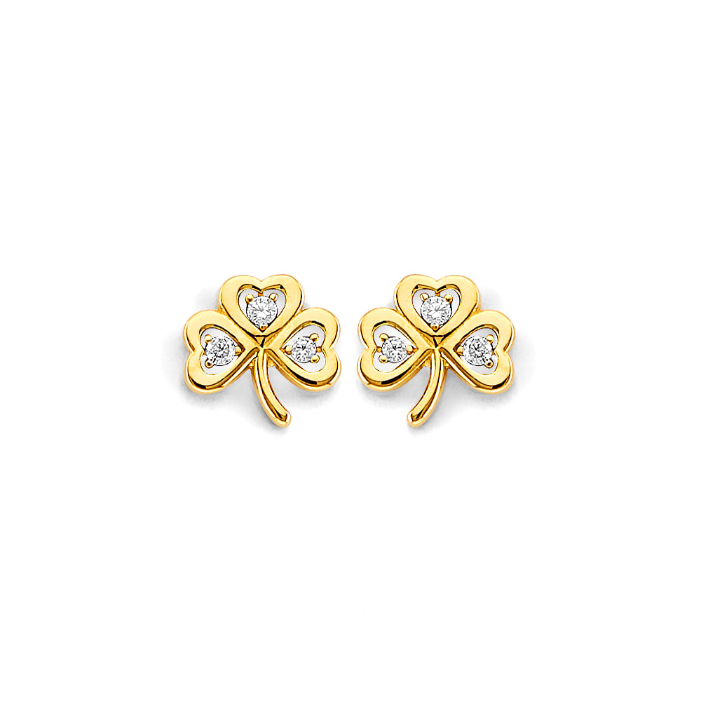 14K Yellow Gold CZ Clover Push Back Earring