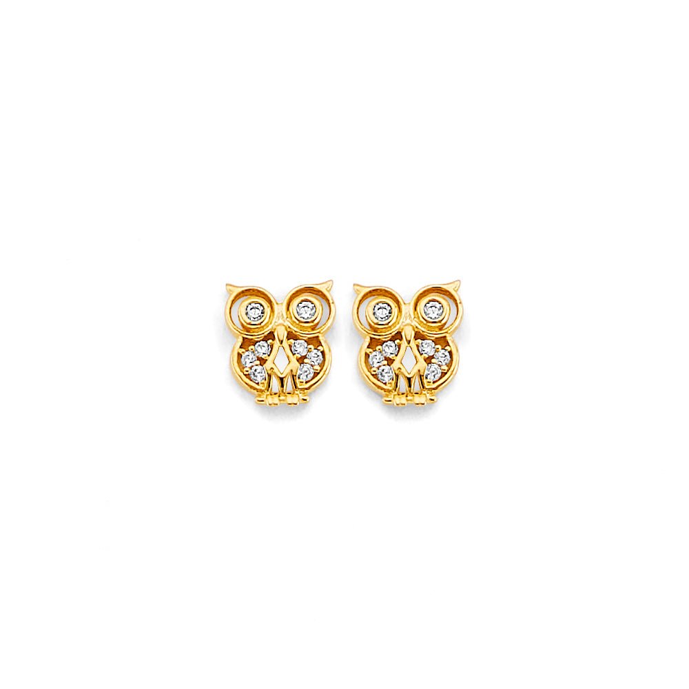 14K Yellow Gold CZ Owl Push Back Earring