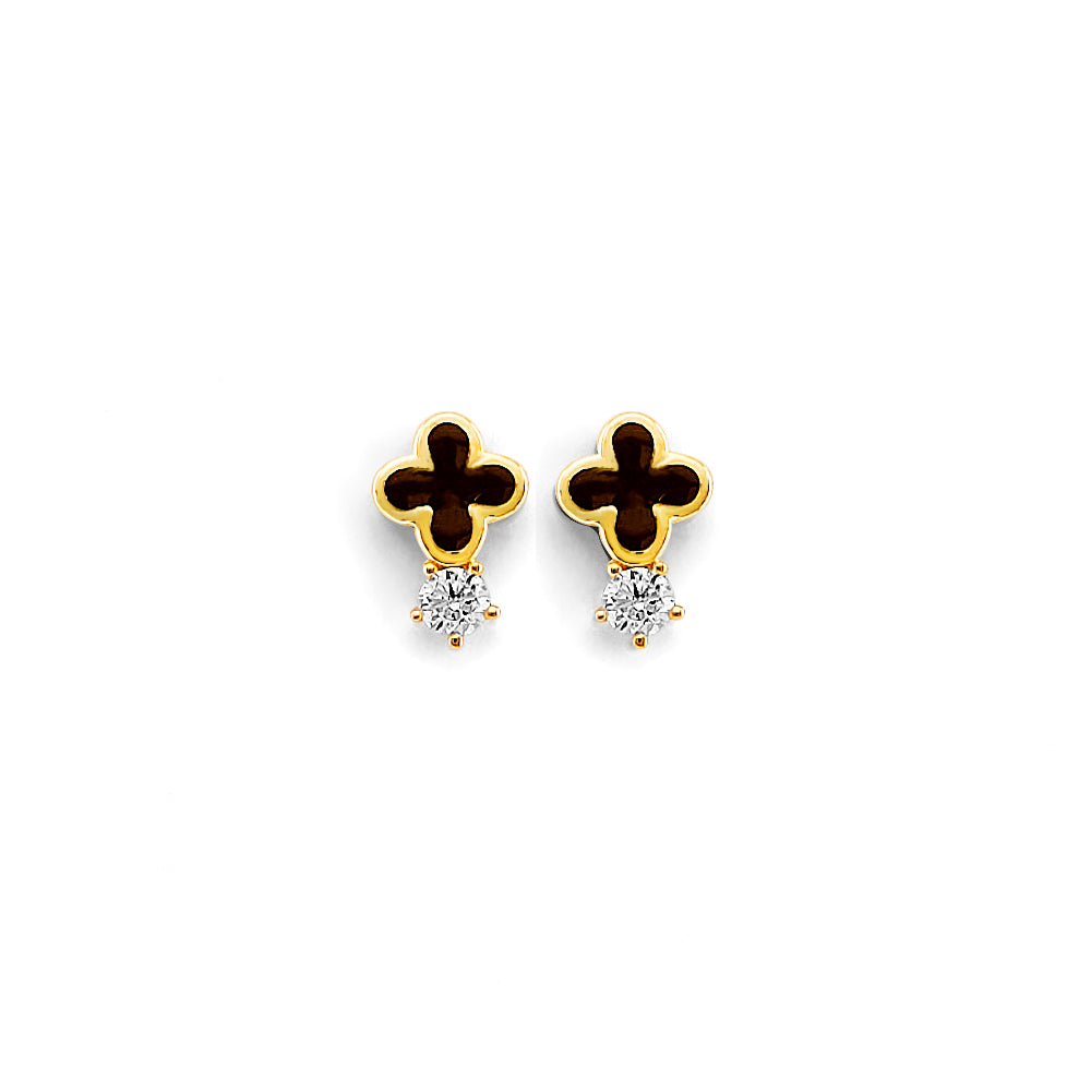14K Yellow Gold CZ Small Clover Push Back Earring