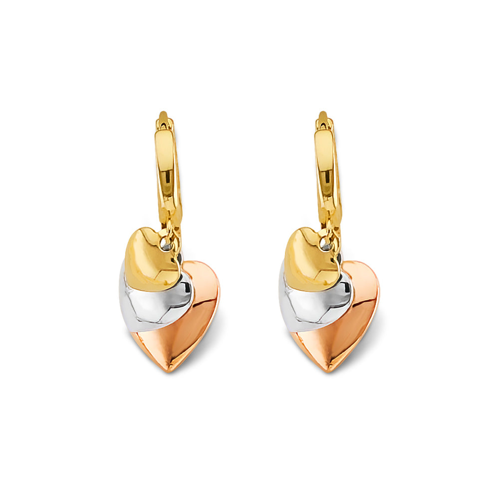 14K Yellow White Rose Gold Hanging Hearts Huggies Earring