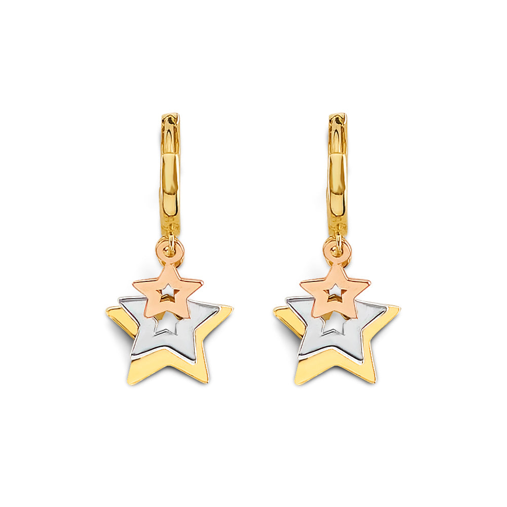 14K Yellow White Rose Gold Hanging Stars Huggies Earring