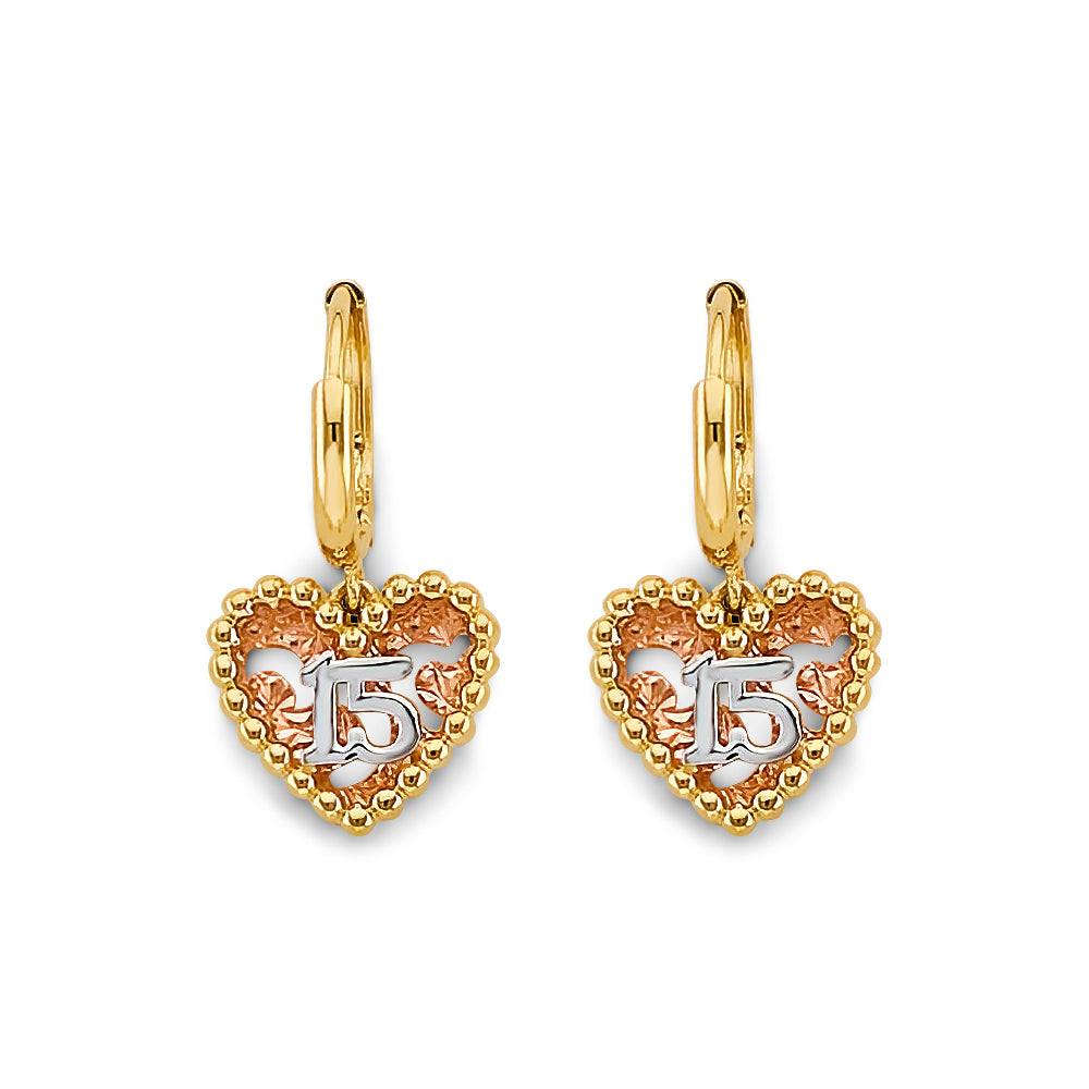 14K Yellow White Rose Gold Heart 15 Years Huggies Earring