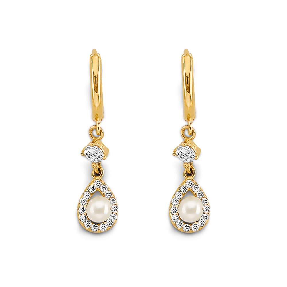 14K Yellow Gold CZ Pearl Hanging Huggies Earring