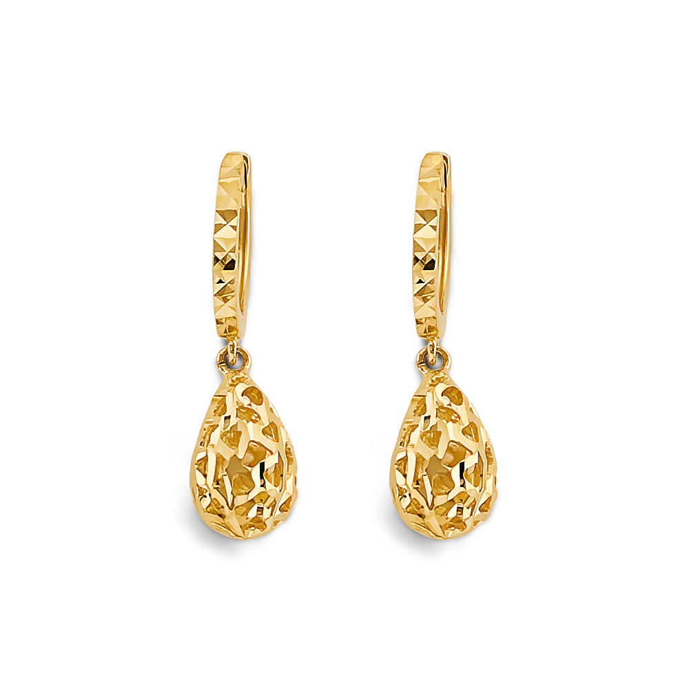 14K Yellow Gold Hanging Ball Huggies Earring