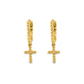 14K Yellow Gold Bead Cross Huggies Earring