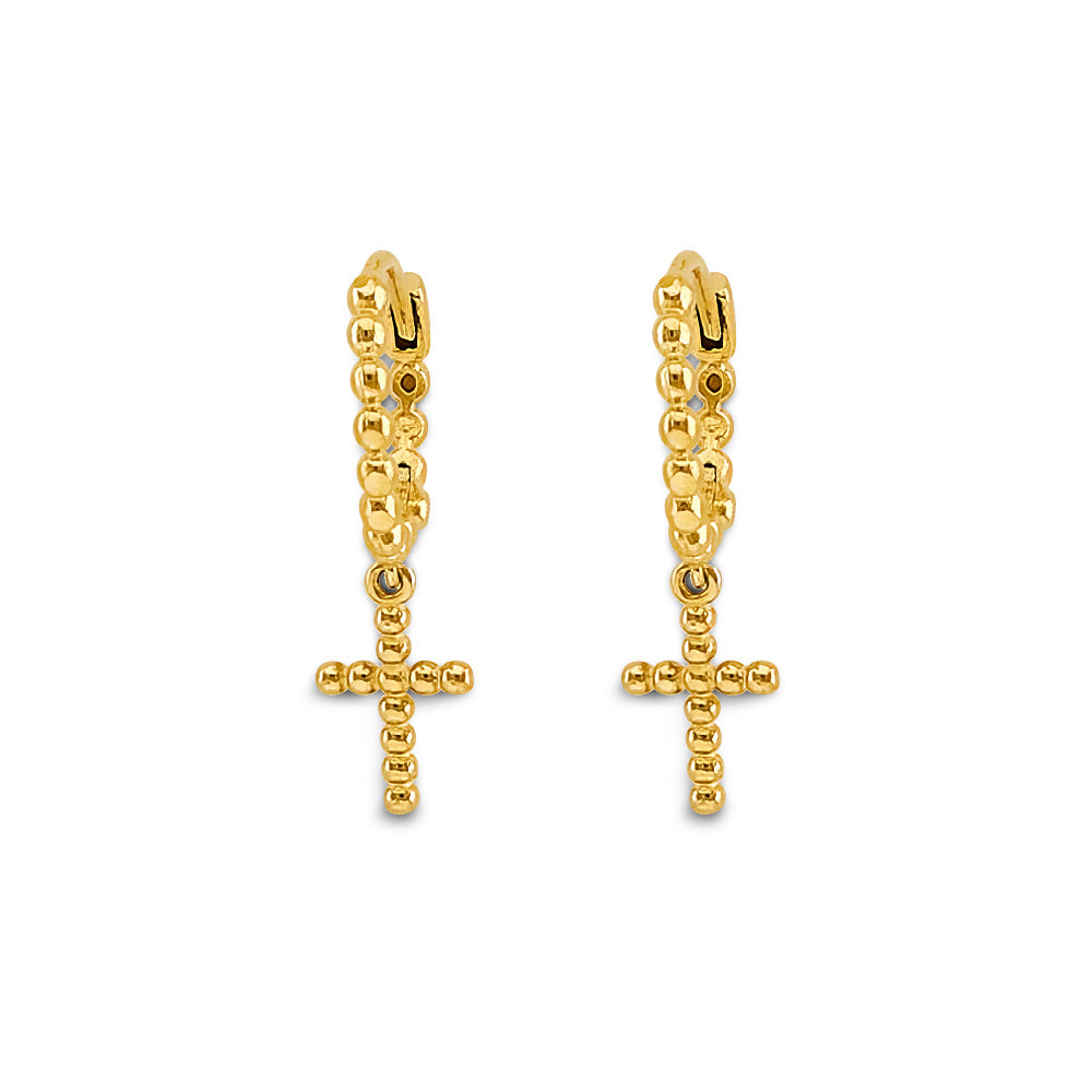 14K Yellow Gold Bead Cross Huggies Earring