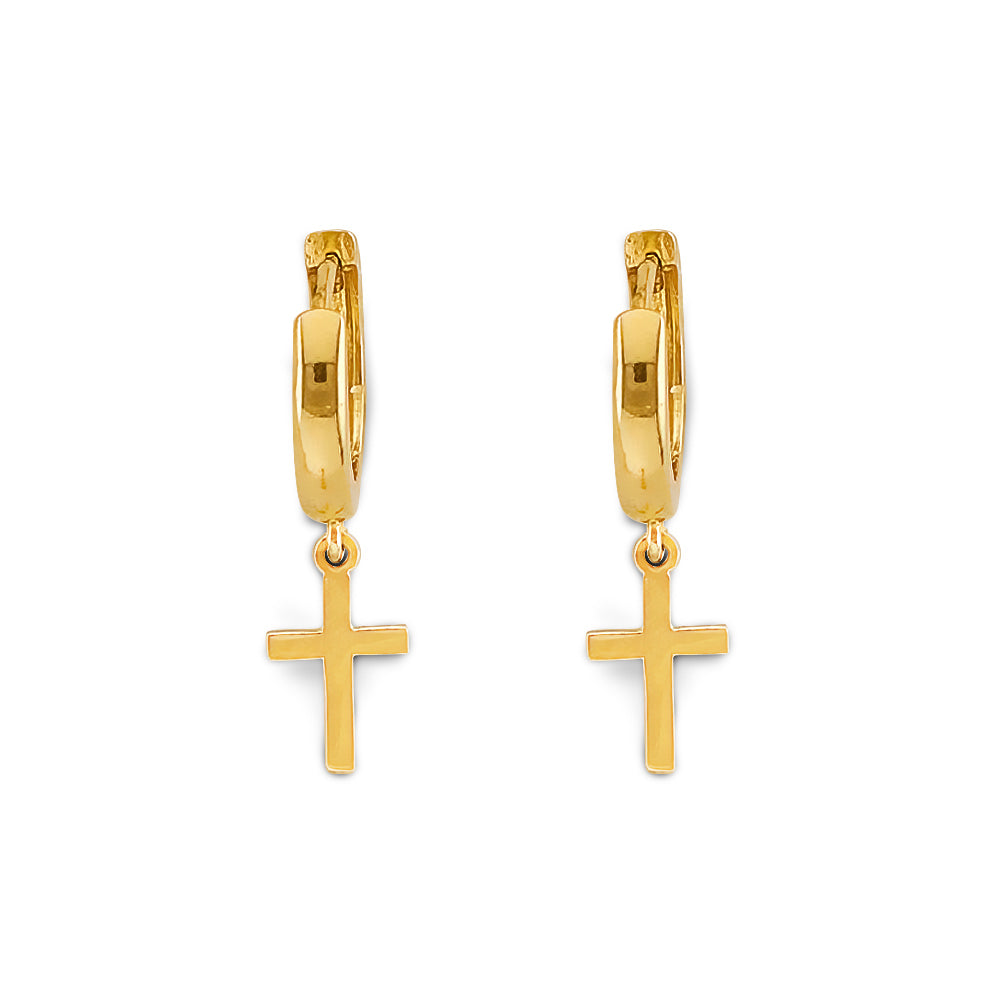 14K Yellow Gold Small Cross Huggies Earring