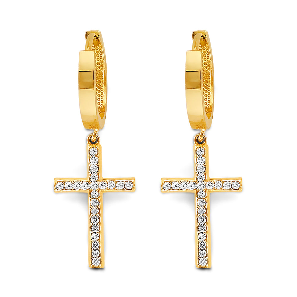 14K Two Tone Gold CZ Cross Huggies Earring