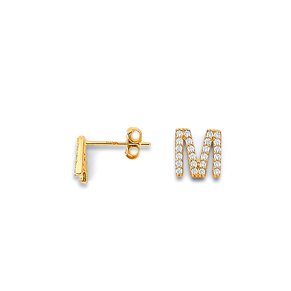 14K Two Tone Gold CZ Initial Earring (Letter A - Z)