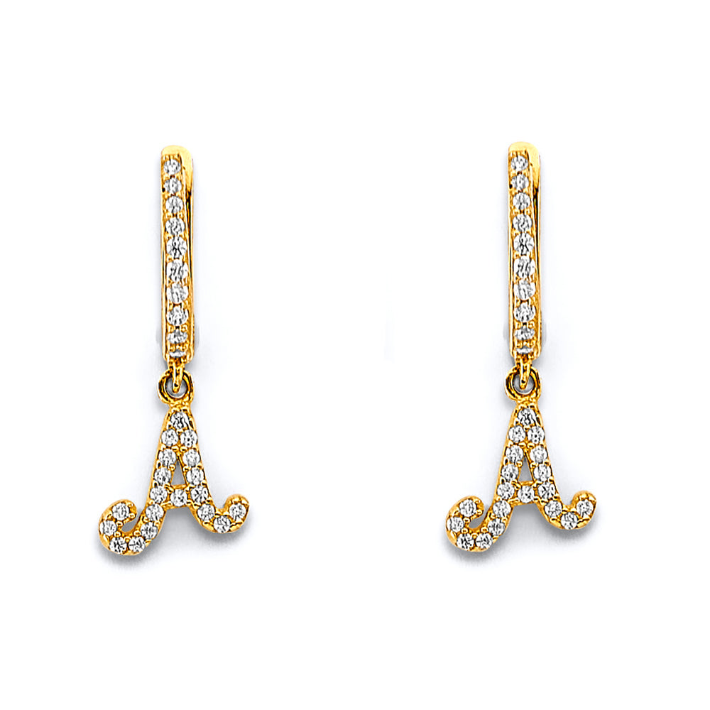 14K Two Tone Gold CZ Hanging Initial Huggies Earring (Letter A - Z)