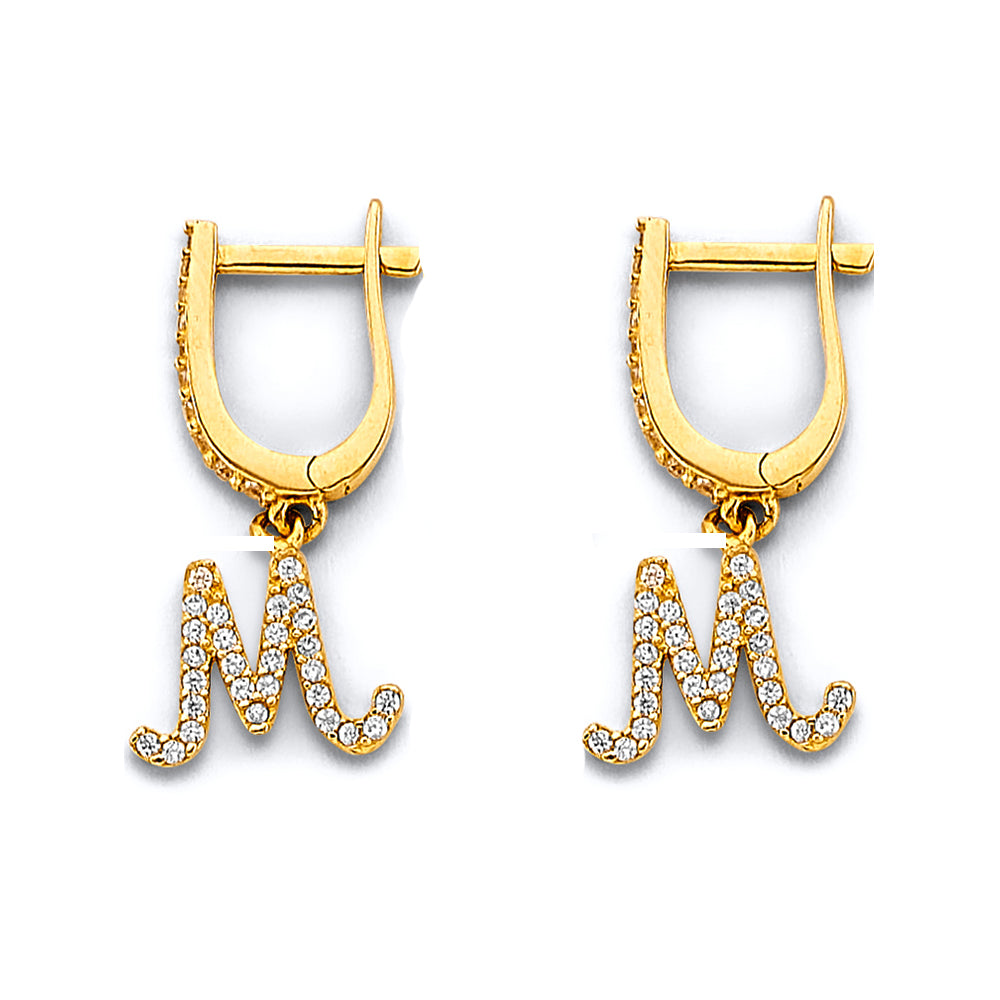14K Two Tone Gold CZ Hanging Initial Huggies Earring (Letter A - Z)