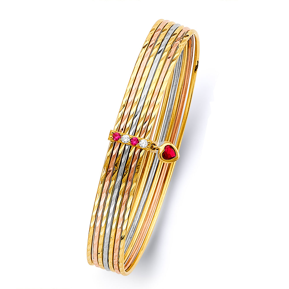14K Yellow White Rose Gold 7 Days Solid Bangle with CZ
