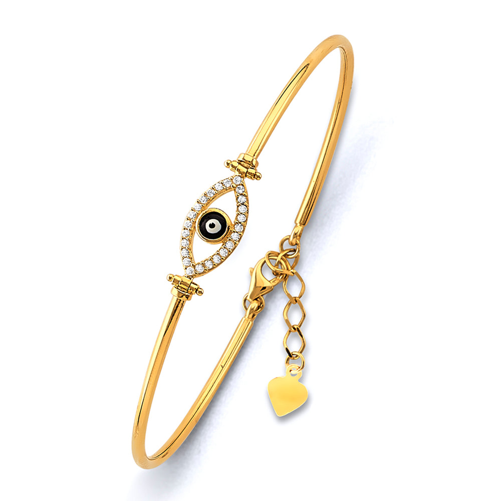 14K Yellow Gold Adjustable Evil Eye Oval Bangle
