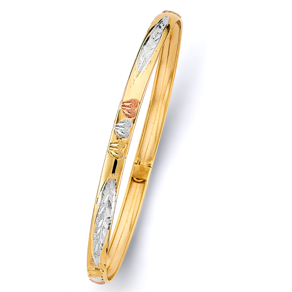 14K Yellow White Rose Gold 5 mm Flexible Bangle W/Heart