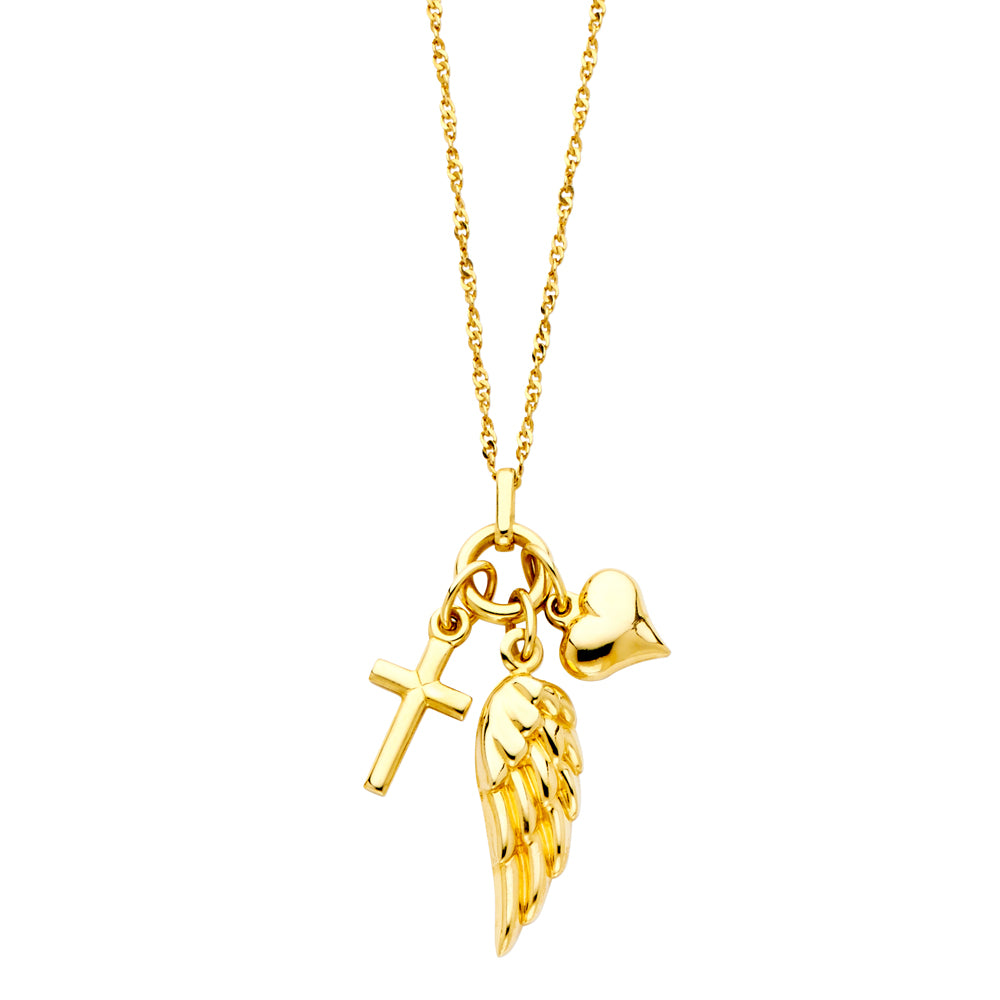 14K Yellow Gold Cross+Heart+Wing Necklace