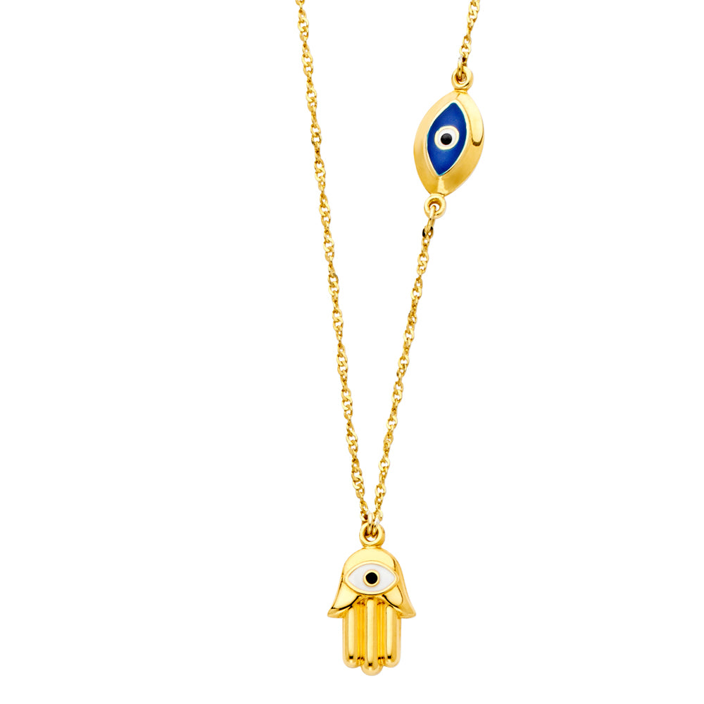 14K Yellow Gold Hamsa + Evil Eye Necklace