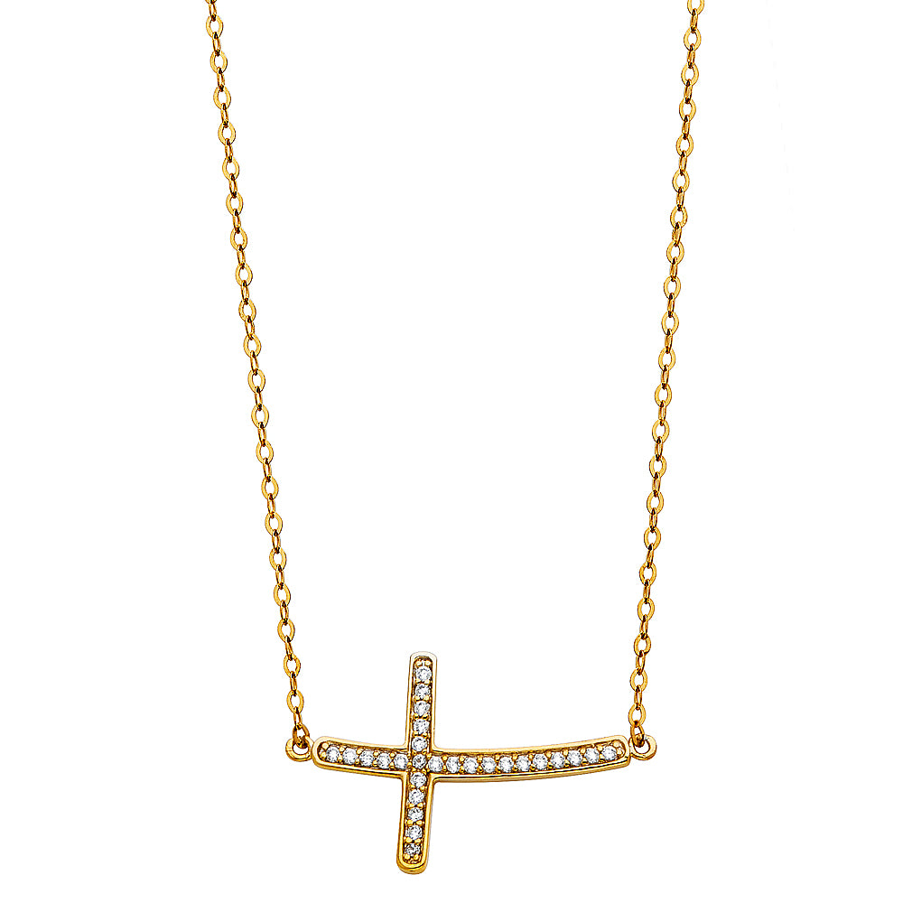 14K Yellow Gold CZ Side Way Cross Necklace