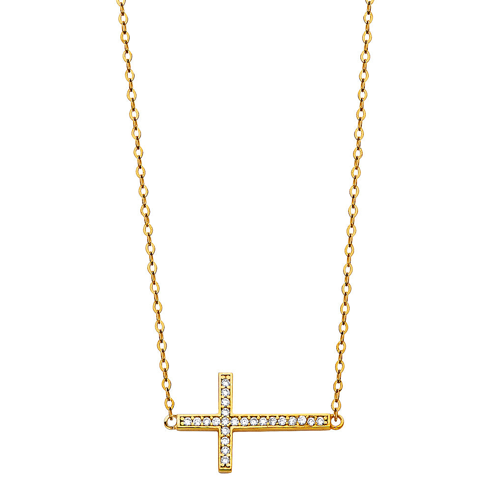 14K Yellow Gold CZ Side Way Cross Necklace