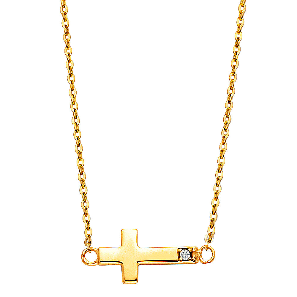 14K Yellow Gold CZ Side Way Cross Necklace