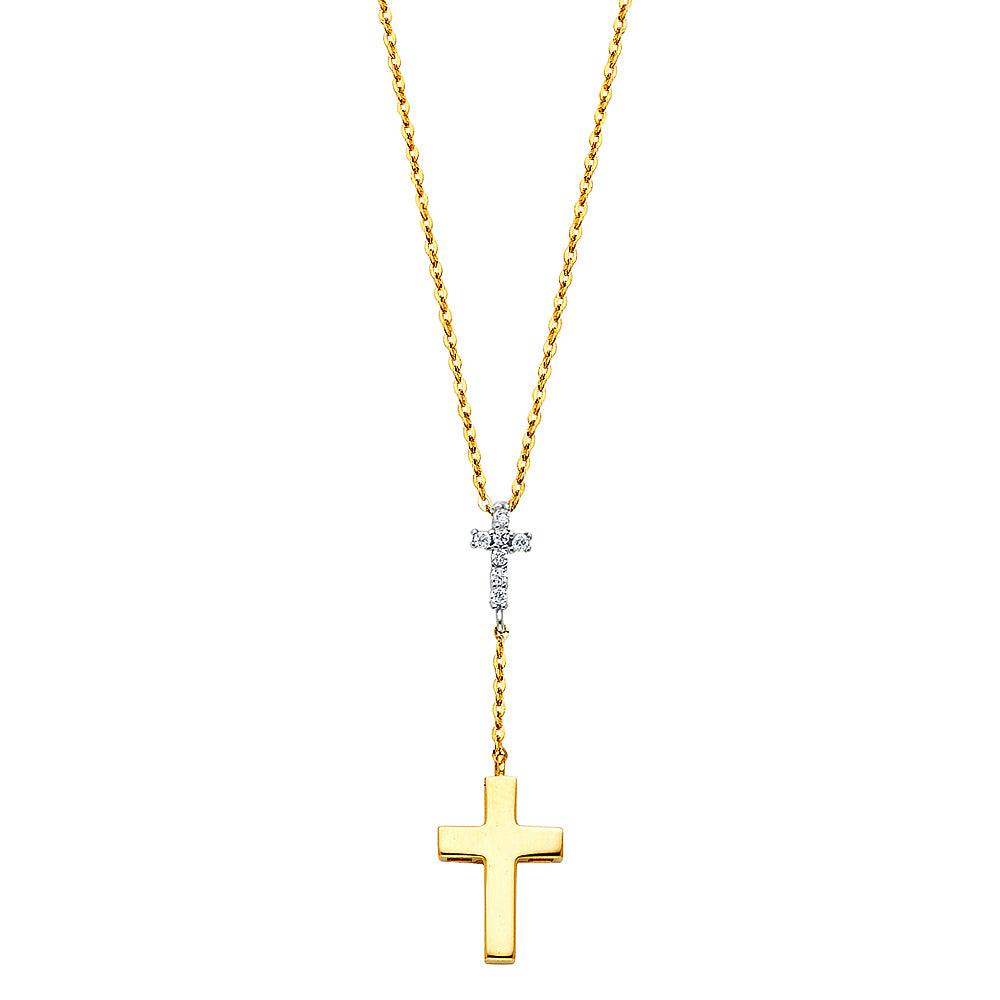 14K Two Tone Gold CZ Cross Necklace