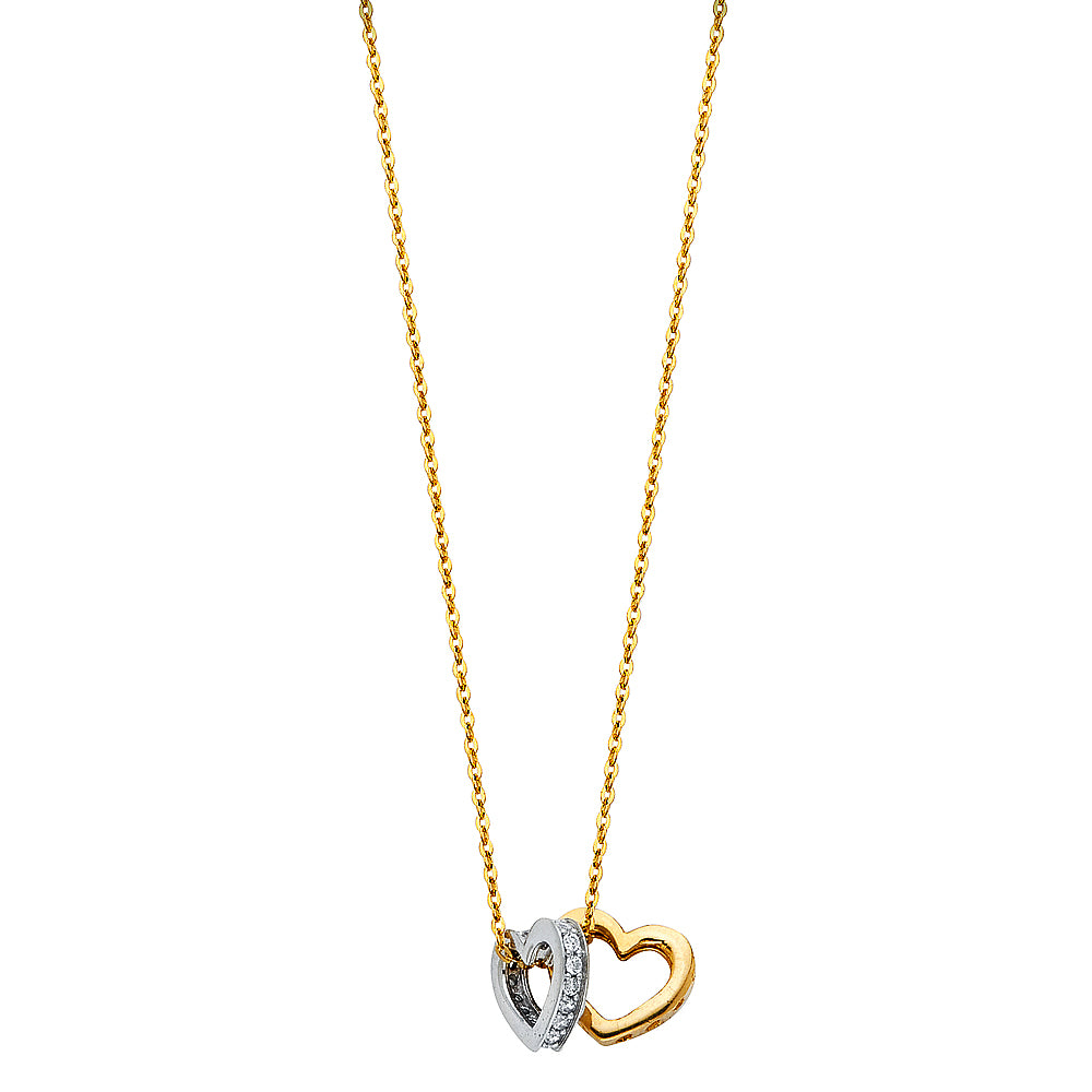 14K Two Tone Gold CZ Togther Heart Neckla
