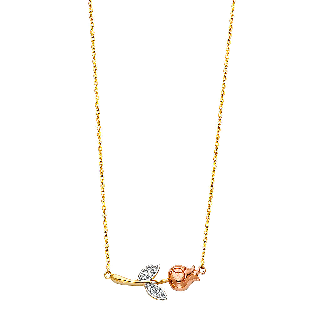 14K Yellow White Rose Gold CZ Flower Necklace