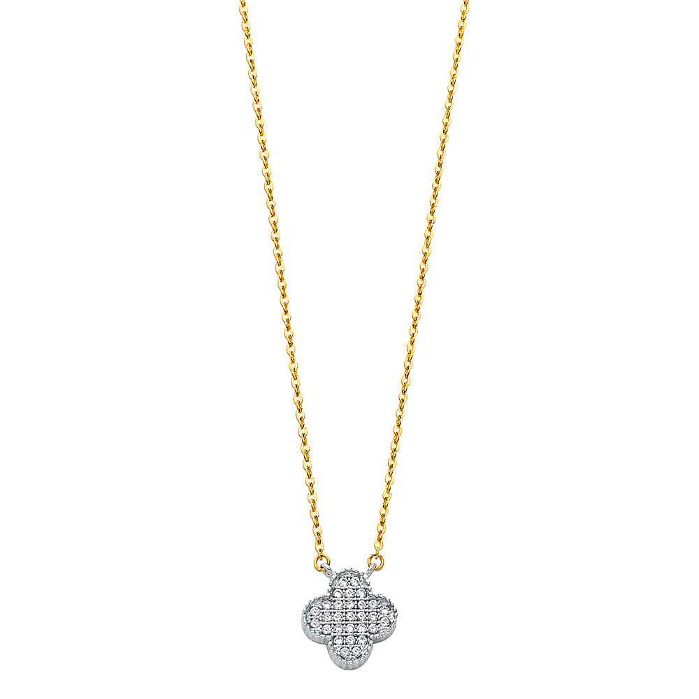 14K Two Tone Gold CZ Clover Necklace