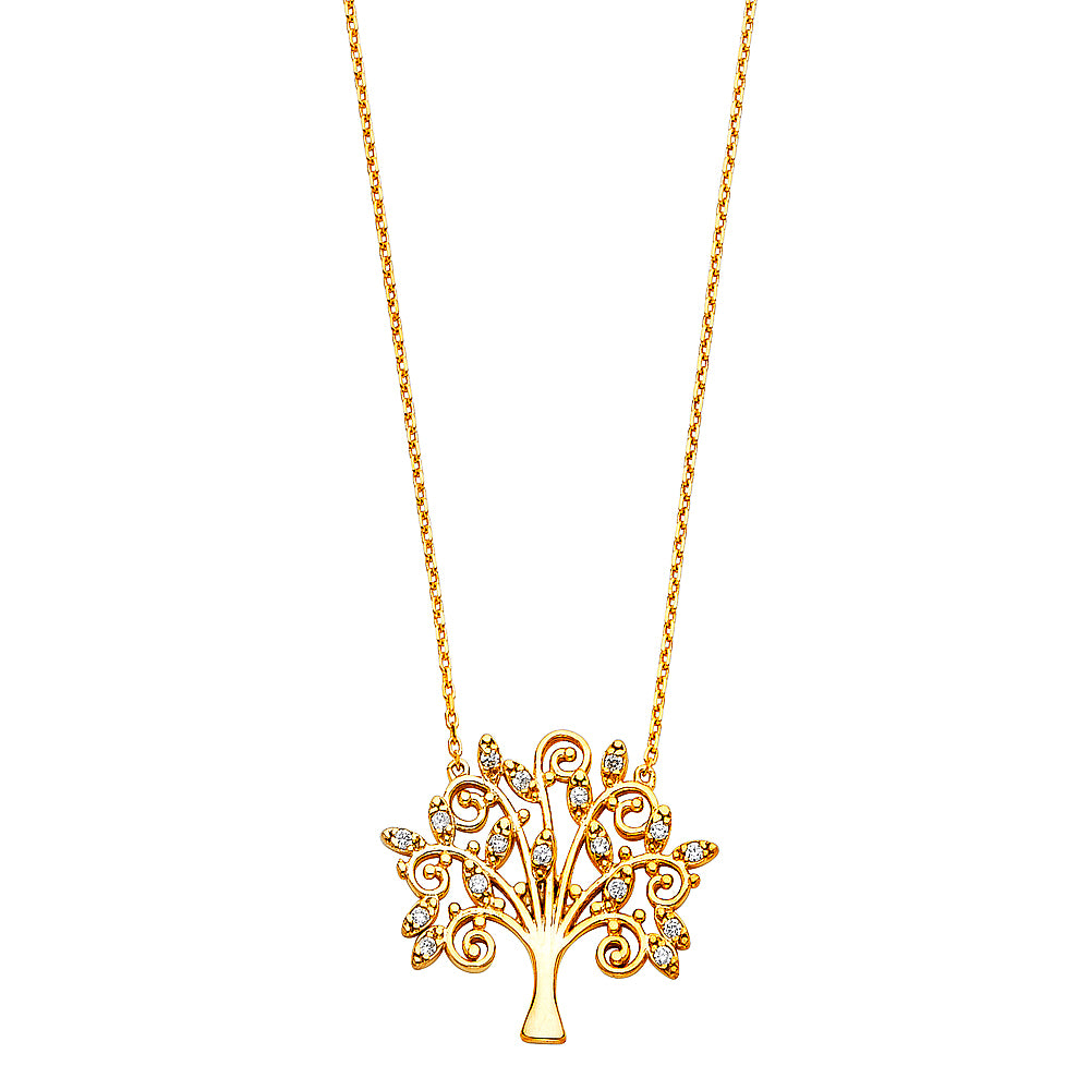 14K Yellow Gold CZ Tree Necklace