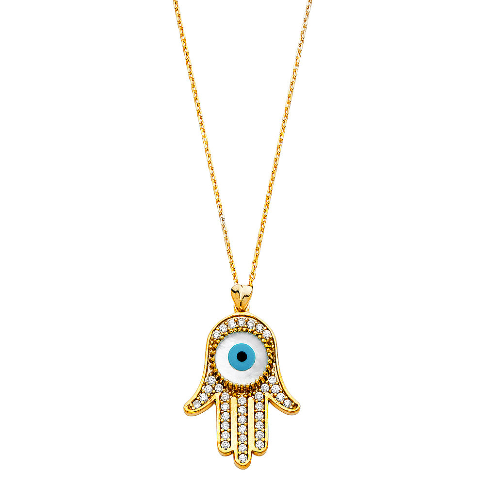 14K Yellow Gold CZ Evil Eye Hamsa Necklace