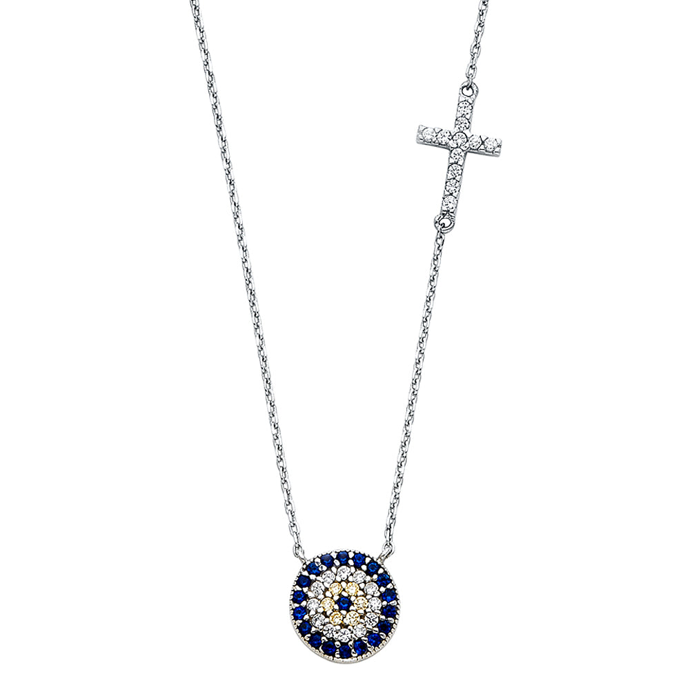 14K White Gold CZ Evil Eye & Cross Necklace