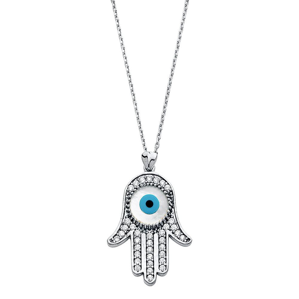 14K White Gold CZ Evil Eye Hamsa Necklace