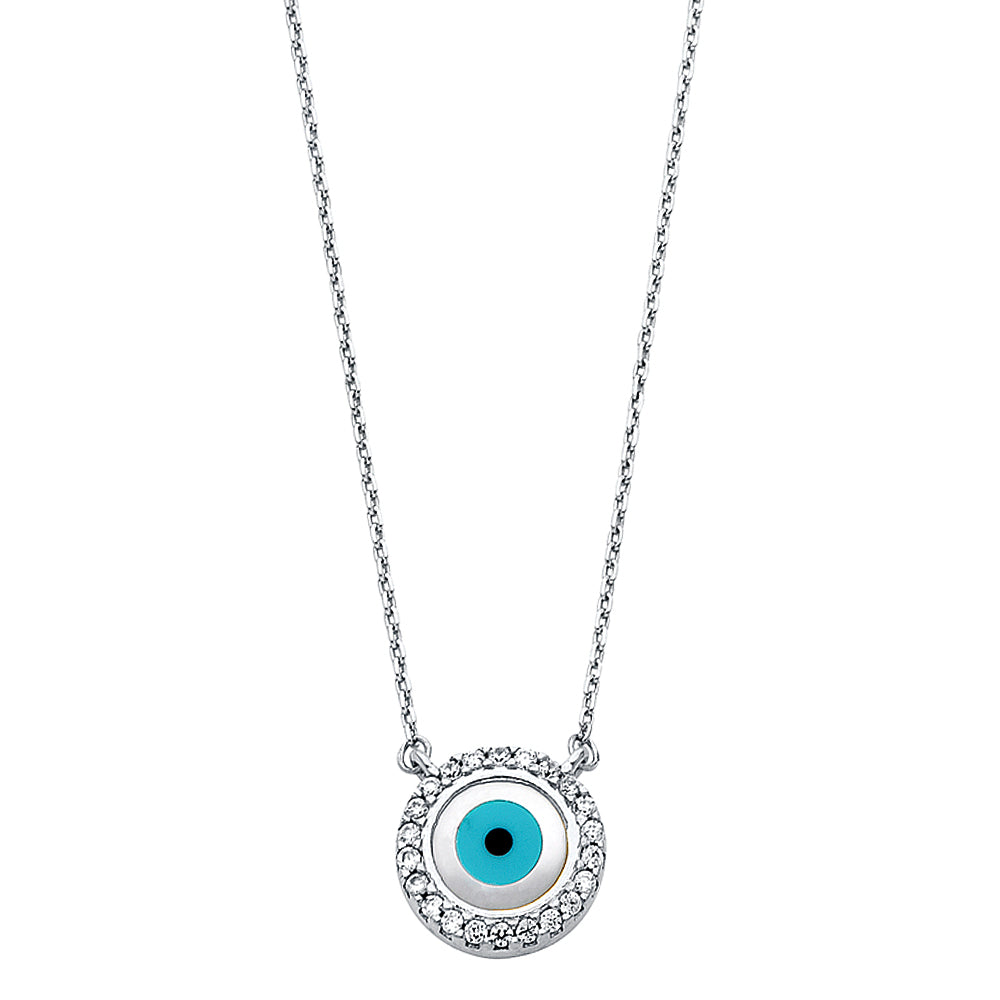 14K White Gold CZ Evil Eye Necklace