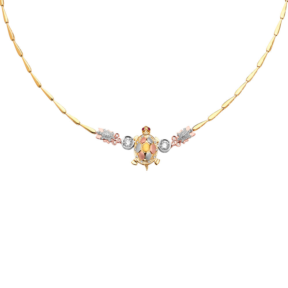 14K Yellow White Rose Goldolor CZ Turtle Necklace