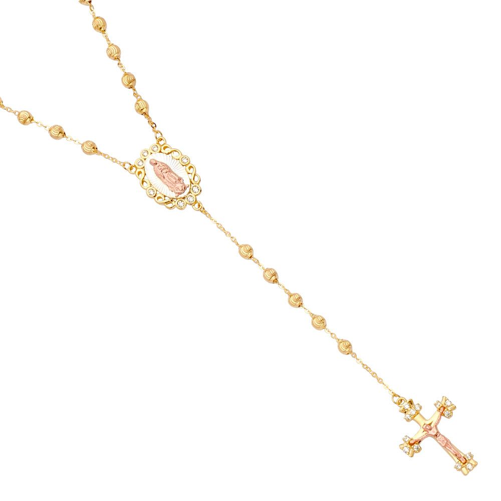 14K Yellow White Rose Gold 3 mm Moon-Cut Ball CZ Rosary Necklace