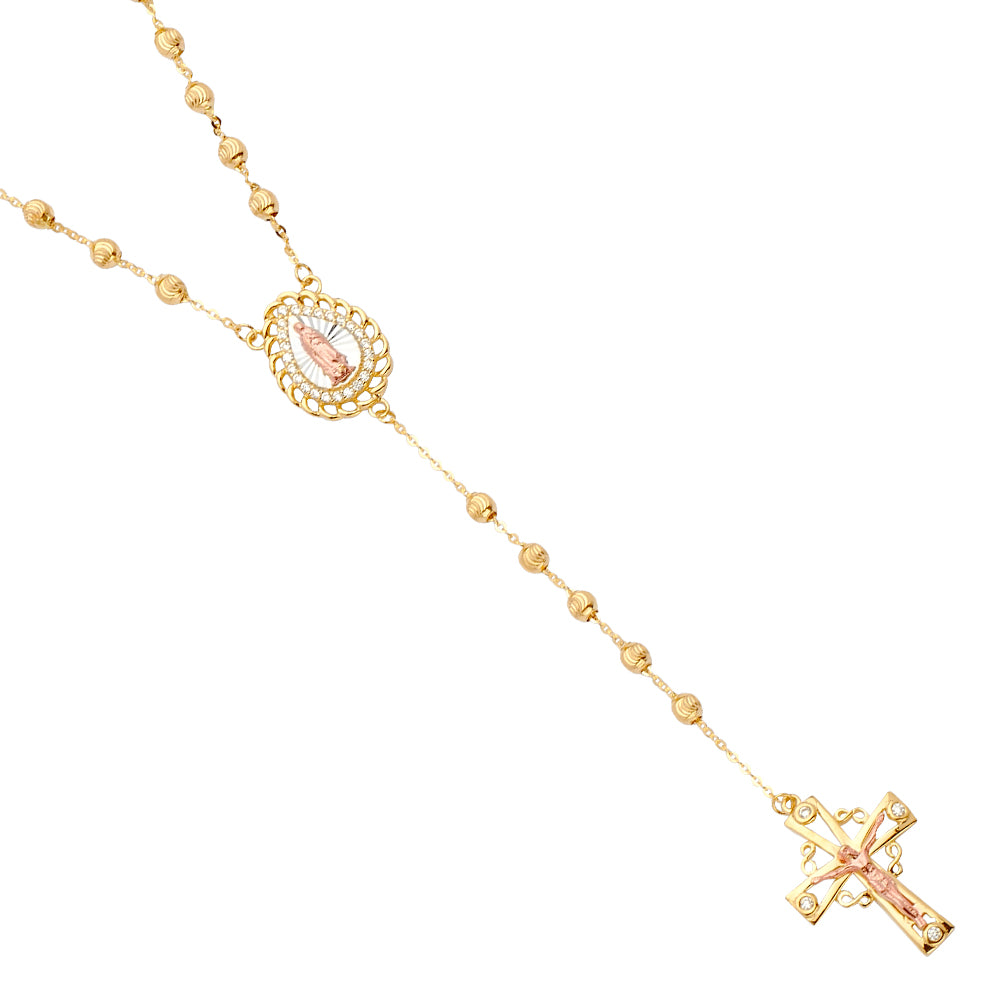 14K Yellow White Rose Gold 3 mm Moon-Cut Ball CZ Rosary Necklace