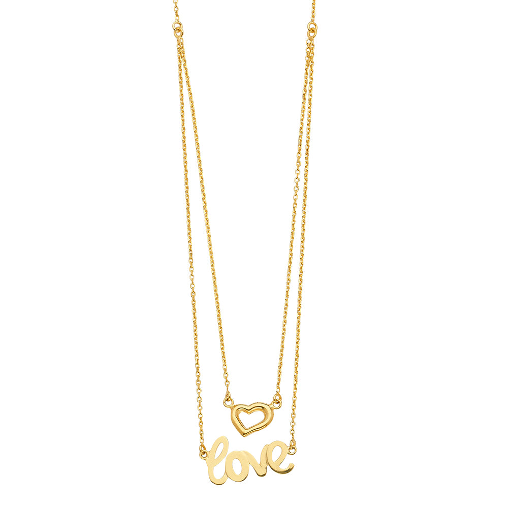 14K Yellow Gold Two Rowss Chain Necklace W/Heart+Love