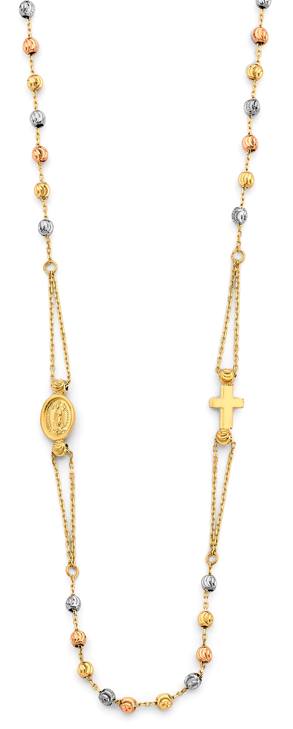 14K Yellow White Rose Gold 2.5 mm M-Cut Ball F-Rosary Necklace