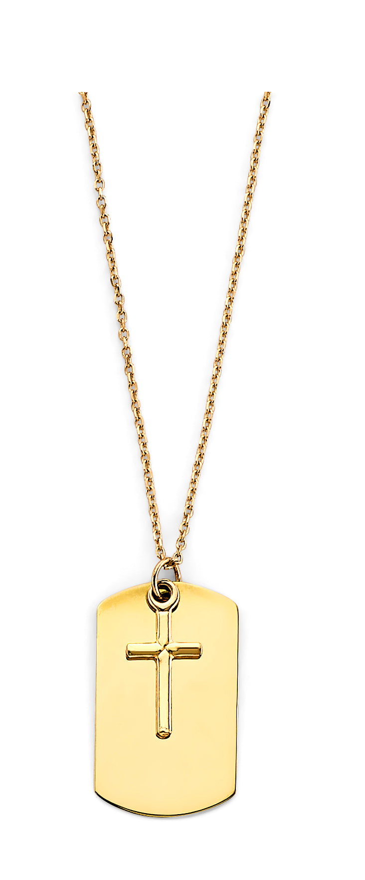 14K Yellow Gold Engravable Dog Tag W/Cross Neck