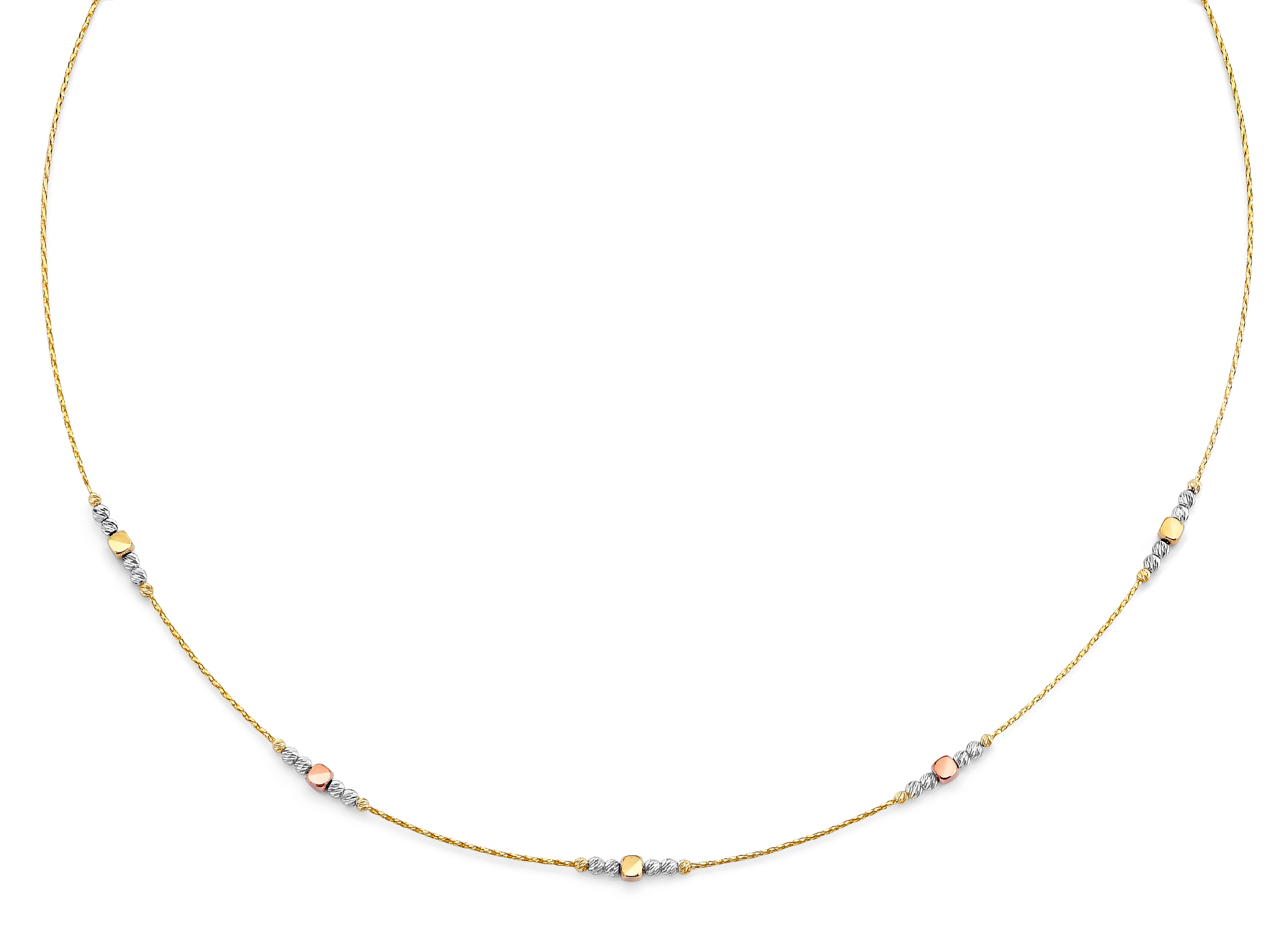 14K Yellow White Rose Gold String Necklace With Square & Round Ball