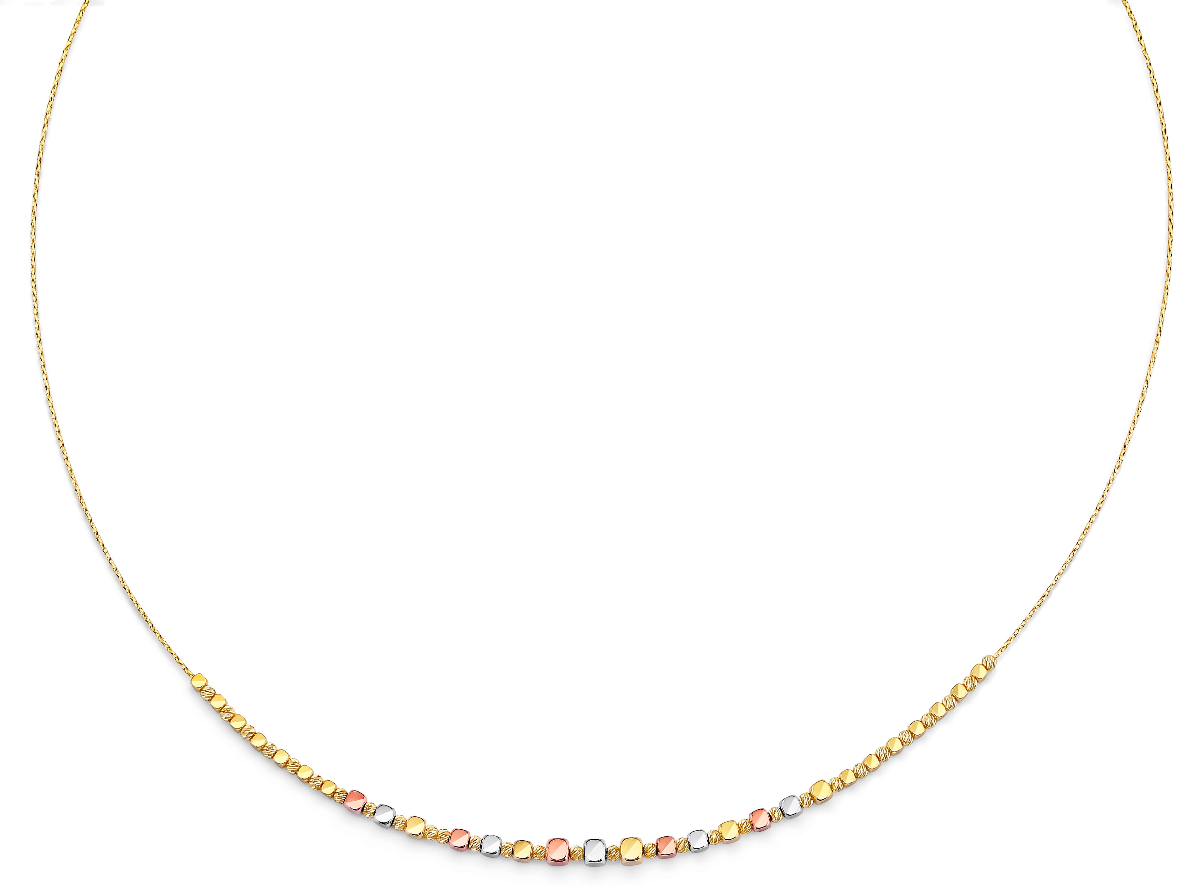 14K Yellow White Rose Gold String Necklace With Square & Round Ball