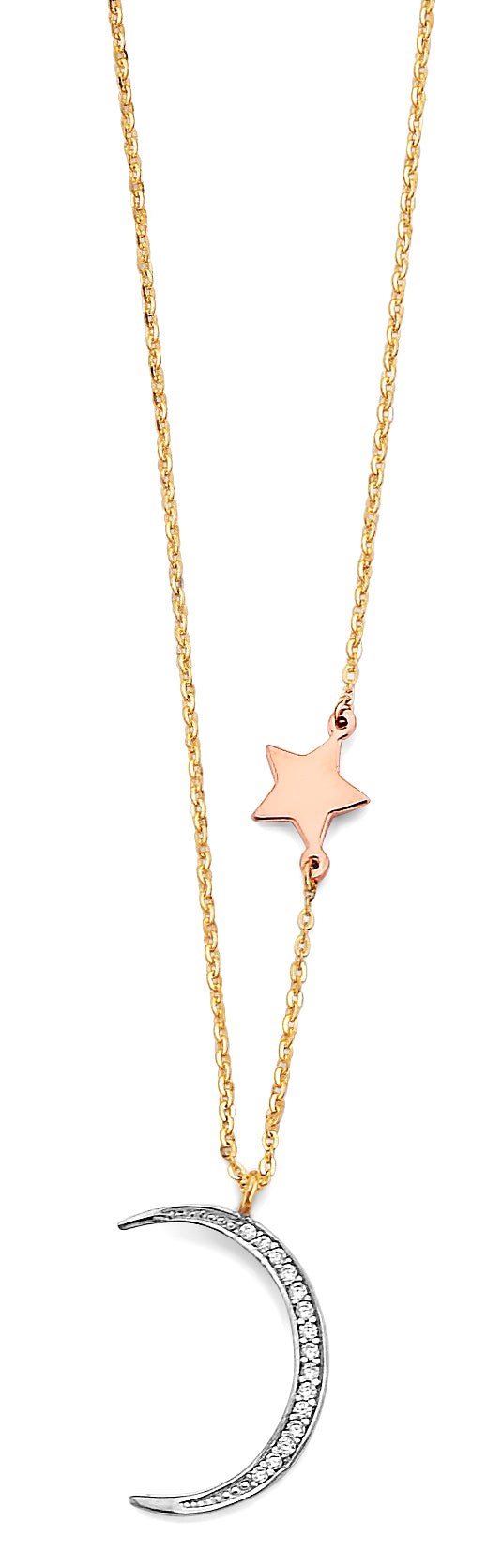 14K Yellow White Rose Gold CZ Moon And Star Necklace